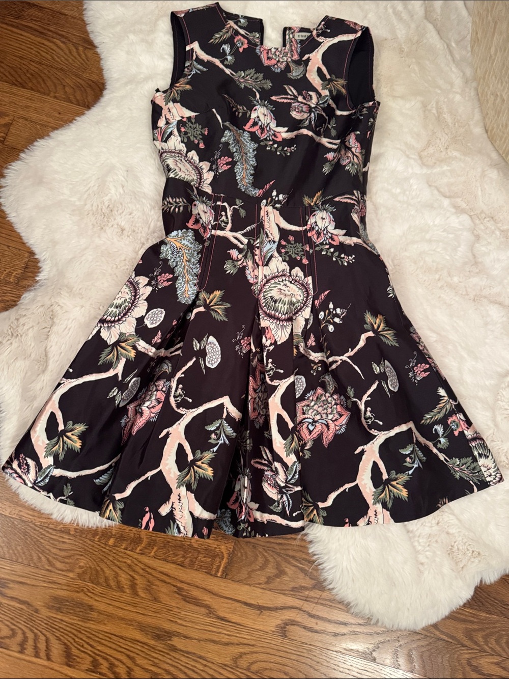 Esme Vie  Black Floral Fit-and-Flare Dress with Pink and Cream Accents